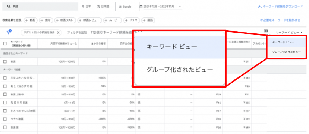 グルーピングされたビュー
